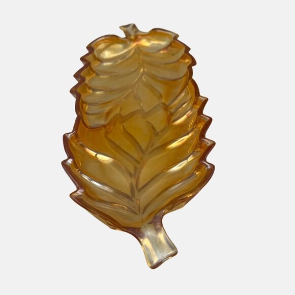 Vintage Leaf-Shaped Carnival Glass Dish Double Stems Marigold 11" x 4.5" Snack - Picture 6 of 7